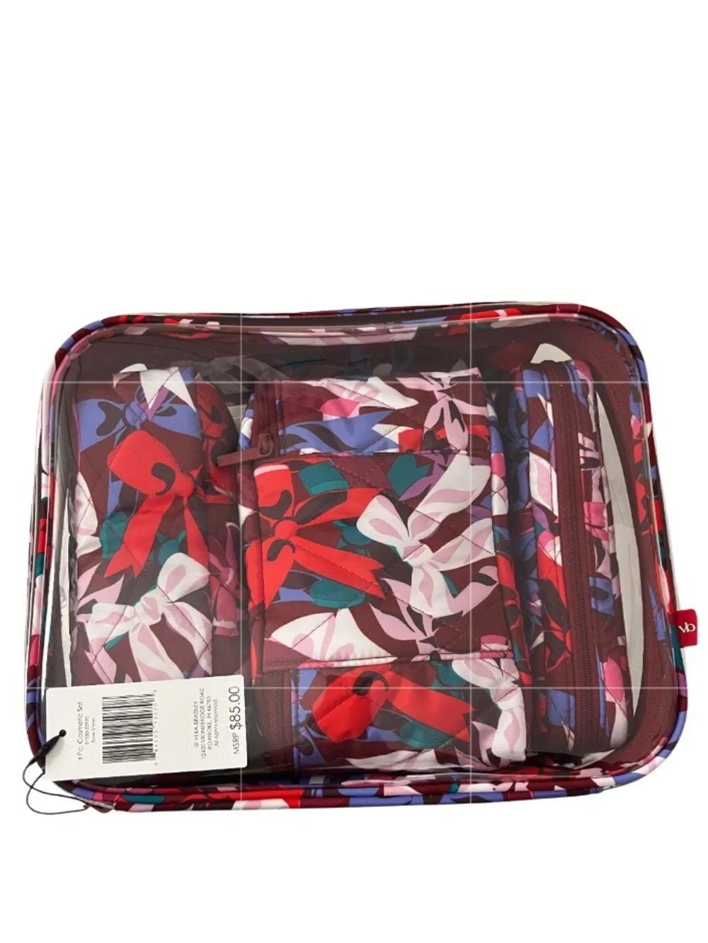 NWT Vera Bradley 4-Piece Makeup/Cosmetic Case Bow Show Pattern Pink Red Burgundy